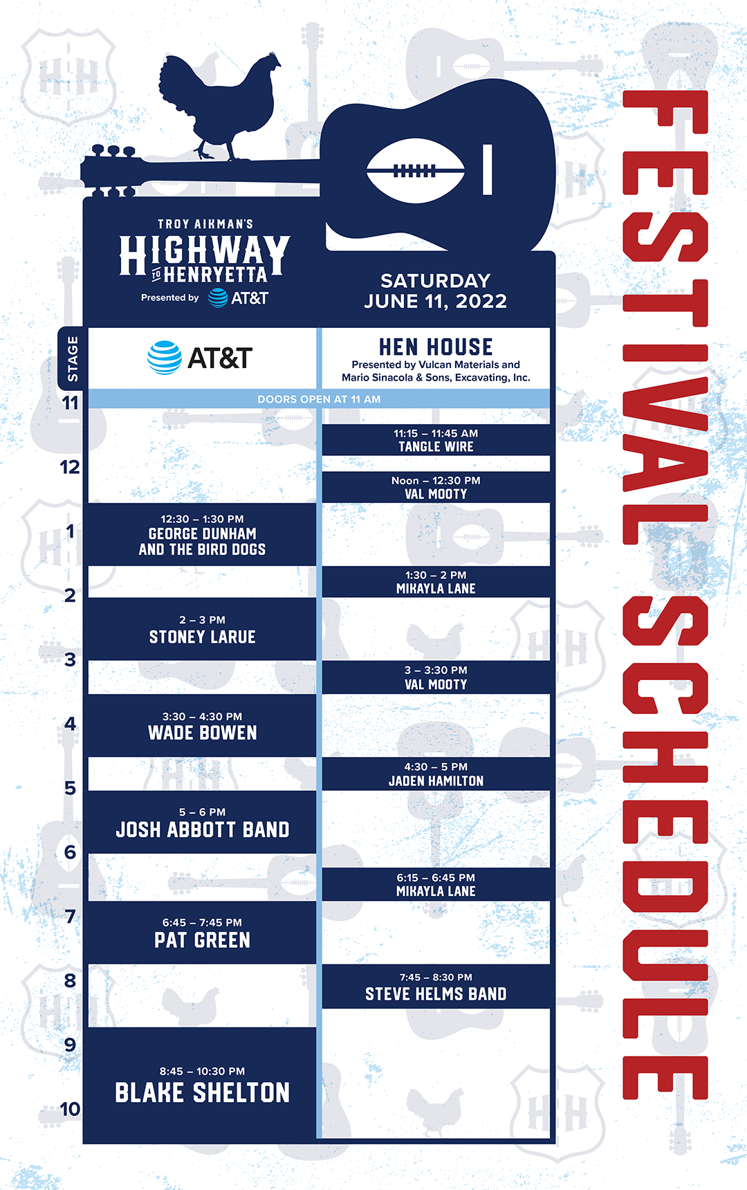 Blake Shelton, Pat Green, Josh Abbott Band, Wade Bowen, Stoney Larue, George Dunham and the Bird Dogs, Mikayla Lane, and Val Mooty